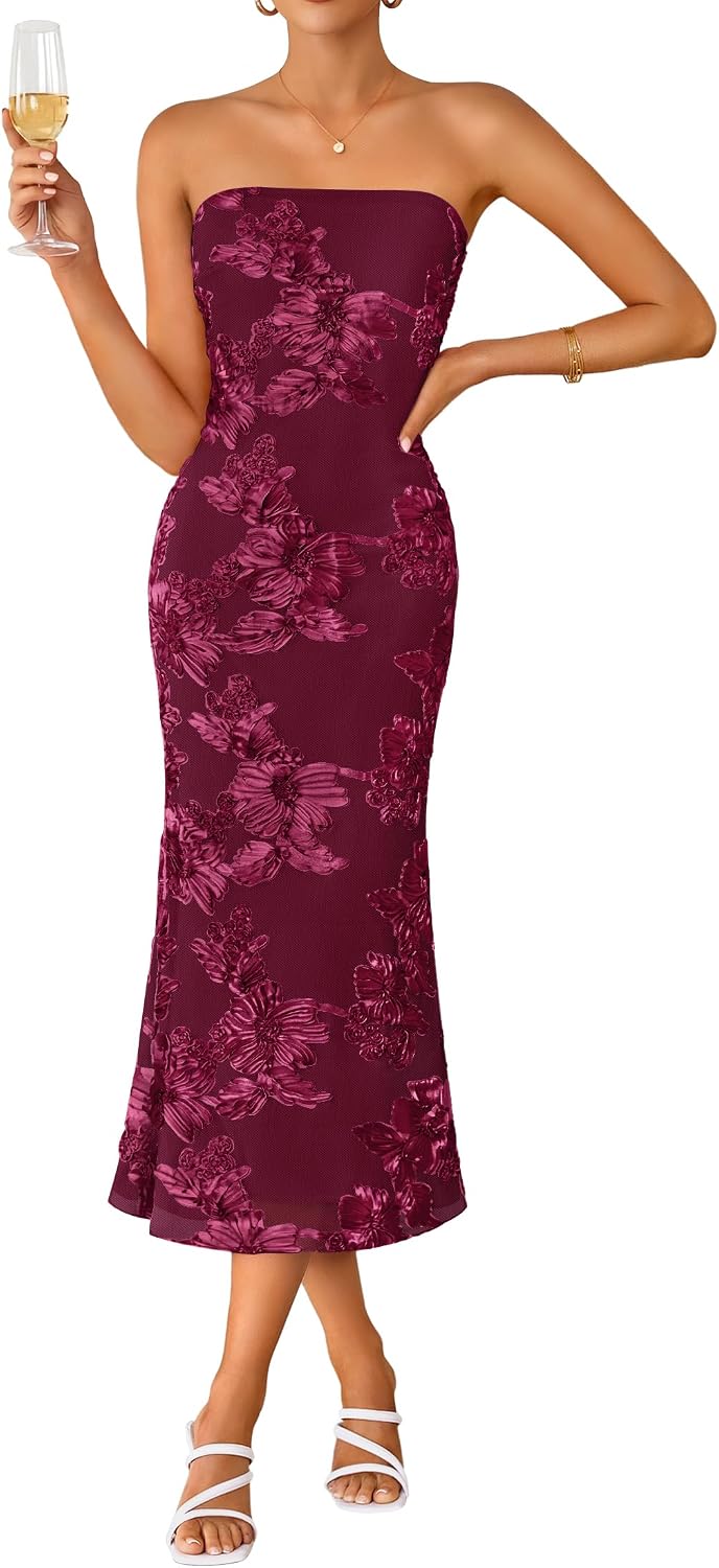 Strapless 3D Floral Mesh Bodycon Midi Dress - Wine Red