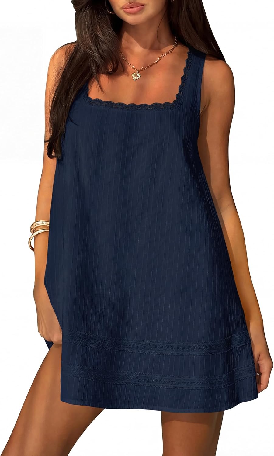 Square Neck Cotton Sundress with Lace Trim - Dark Blue