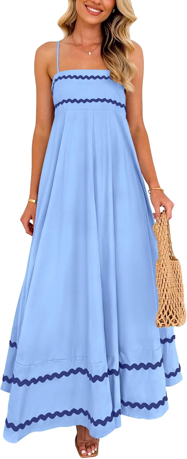 Boho Spaghetti Strap Ruffle Maxi Sundress - Light Blue