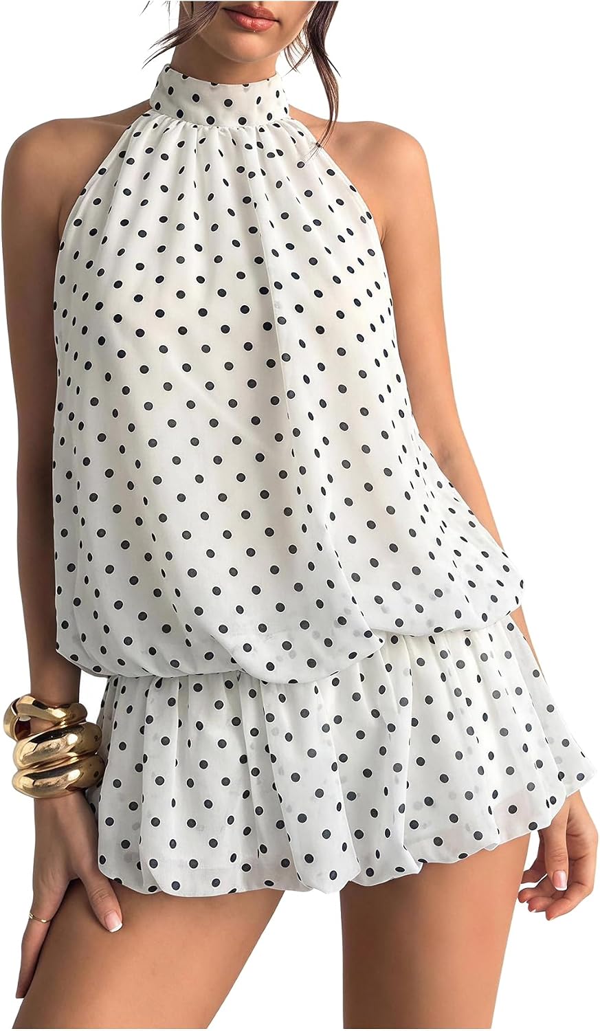 Chiffon Halter Bubble Hem Mini Dress, Backless - White Polka Dots