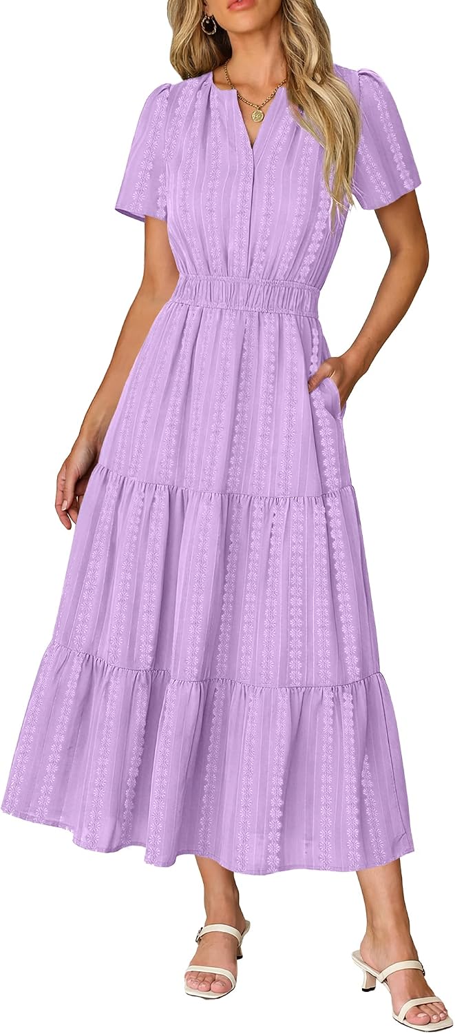 Short Sleeve Flowy Maxi Dress with Pockets - Light Purple