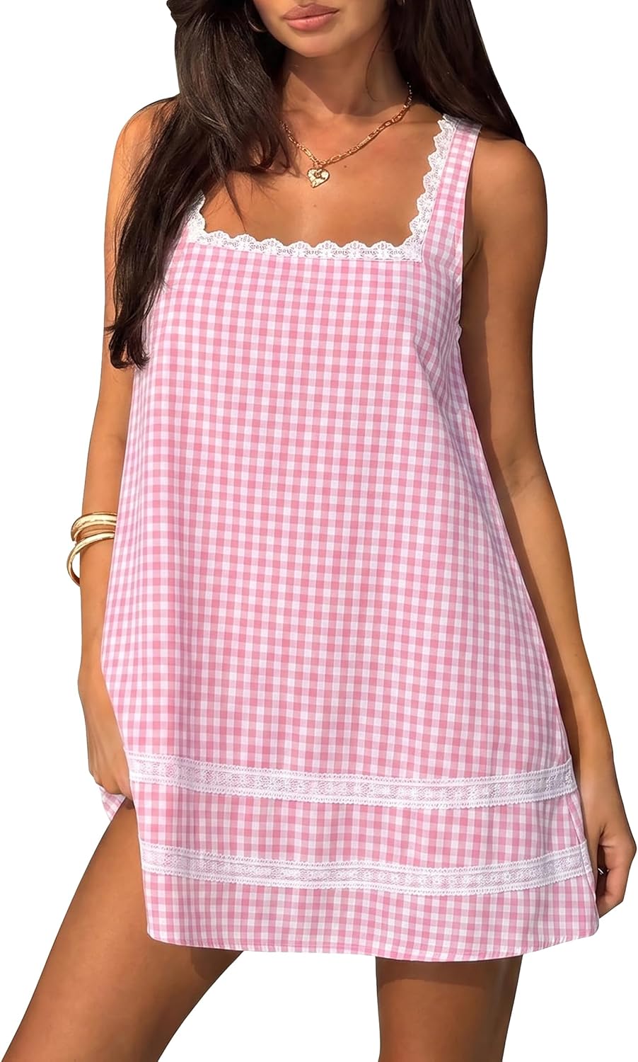 Square Neck Cotton Sundress with Lace Trim - Pink Gingham