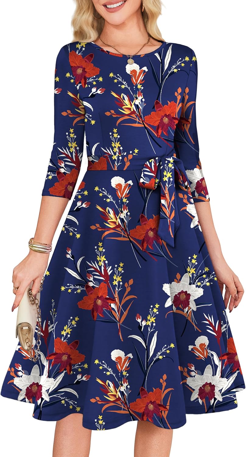 3/4 Sleeve Vintage Cocktail Dress with Belt - Blue Red Floral