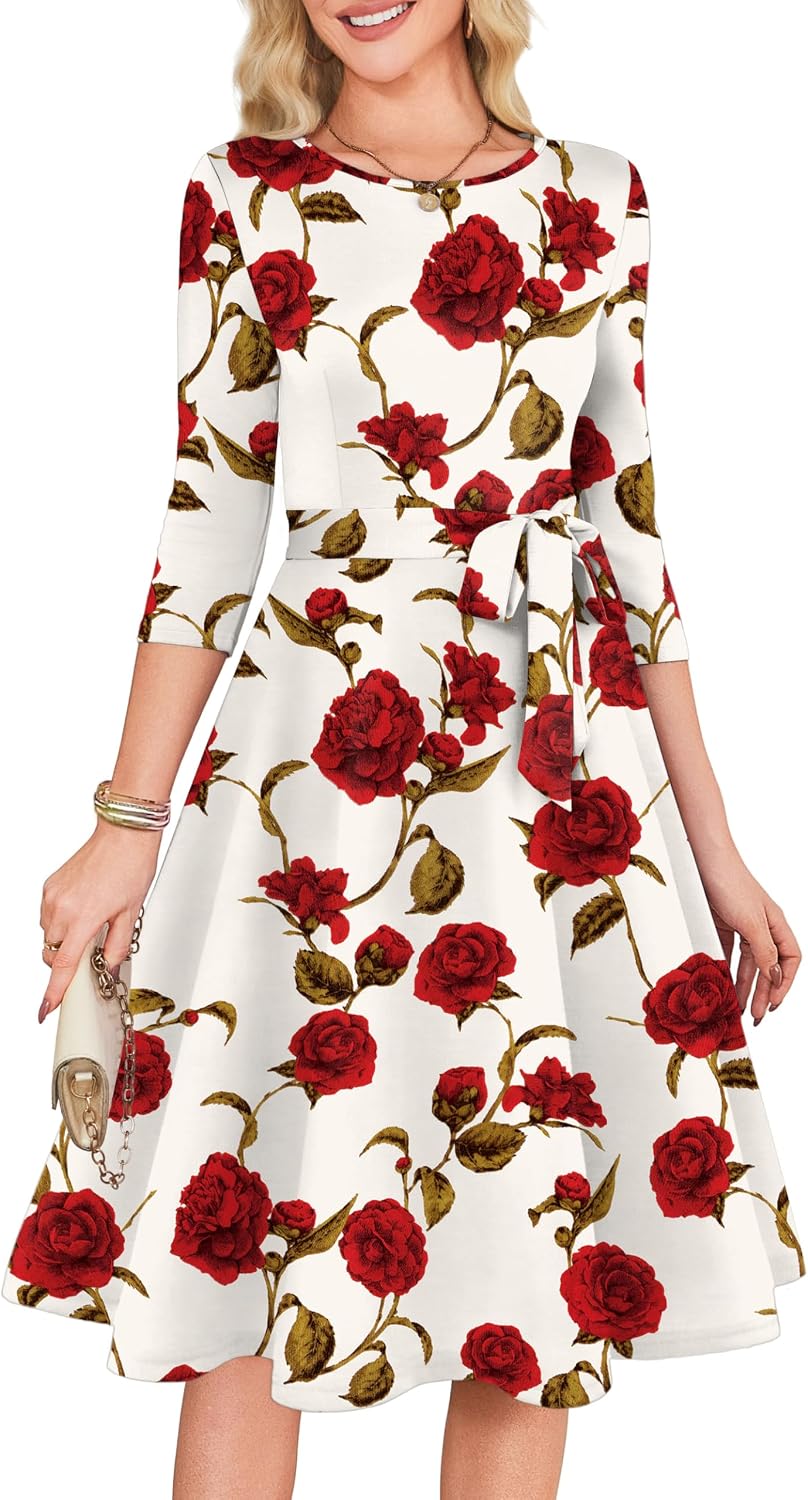 3/4 Sleeve Vintage Cocktail Dress with Belt - White Rose Floral