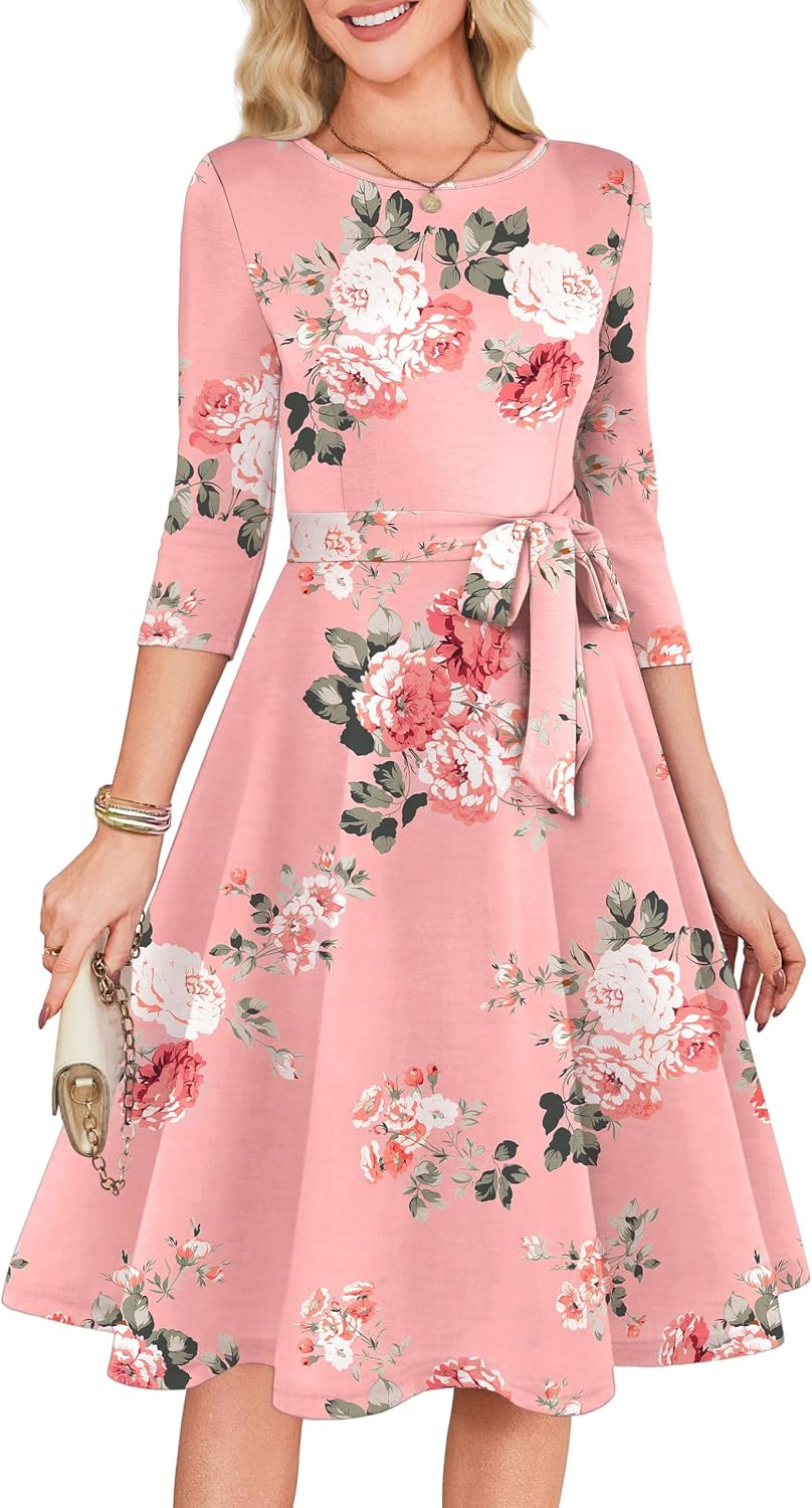 3/4 Sleeve Vintage Cocktail Dress with Belt - Pink Peony