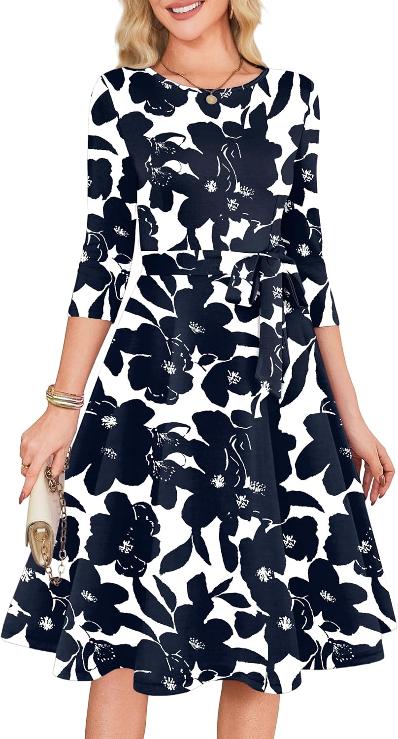 3/4 Sleeve Vintage Cocktail Dress with Belt - Navy Sunflower