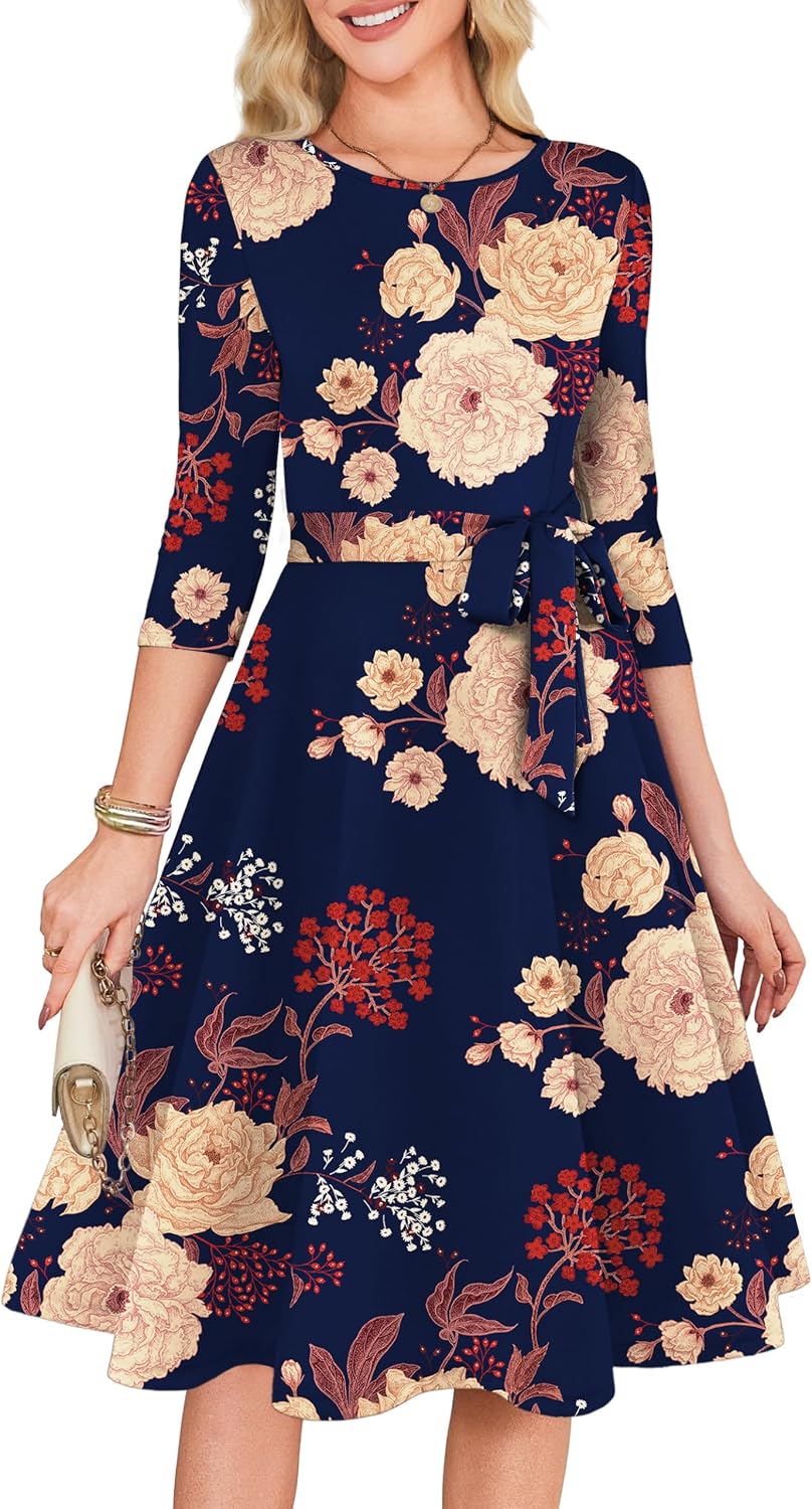 3/4 Sleeve Vintage Cocktail Dress with Belt - Navy Peony